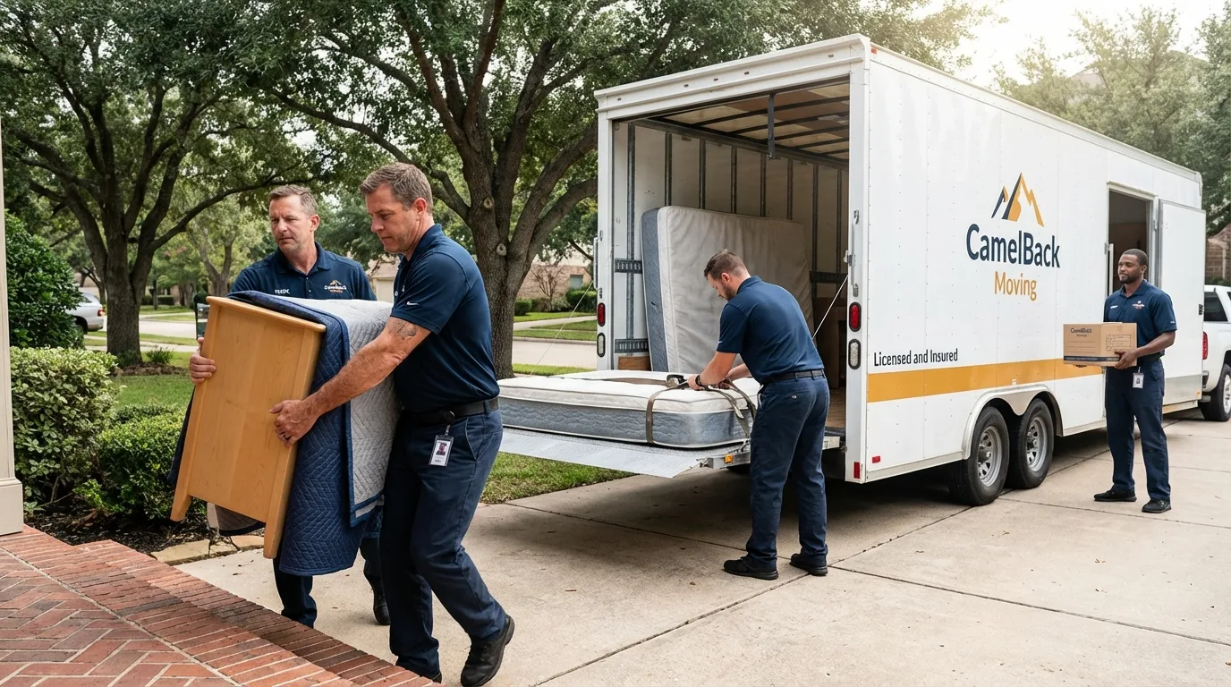 Crew loading residential truck for cross-state move from Fort Branch, IN