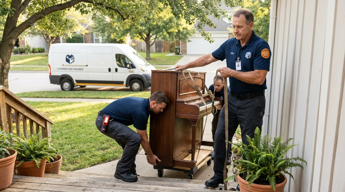 Licensed piano movers securing grand piano in Fort Branch, IN