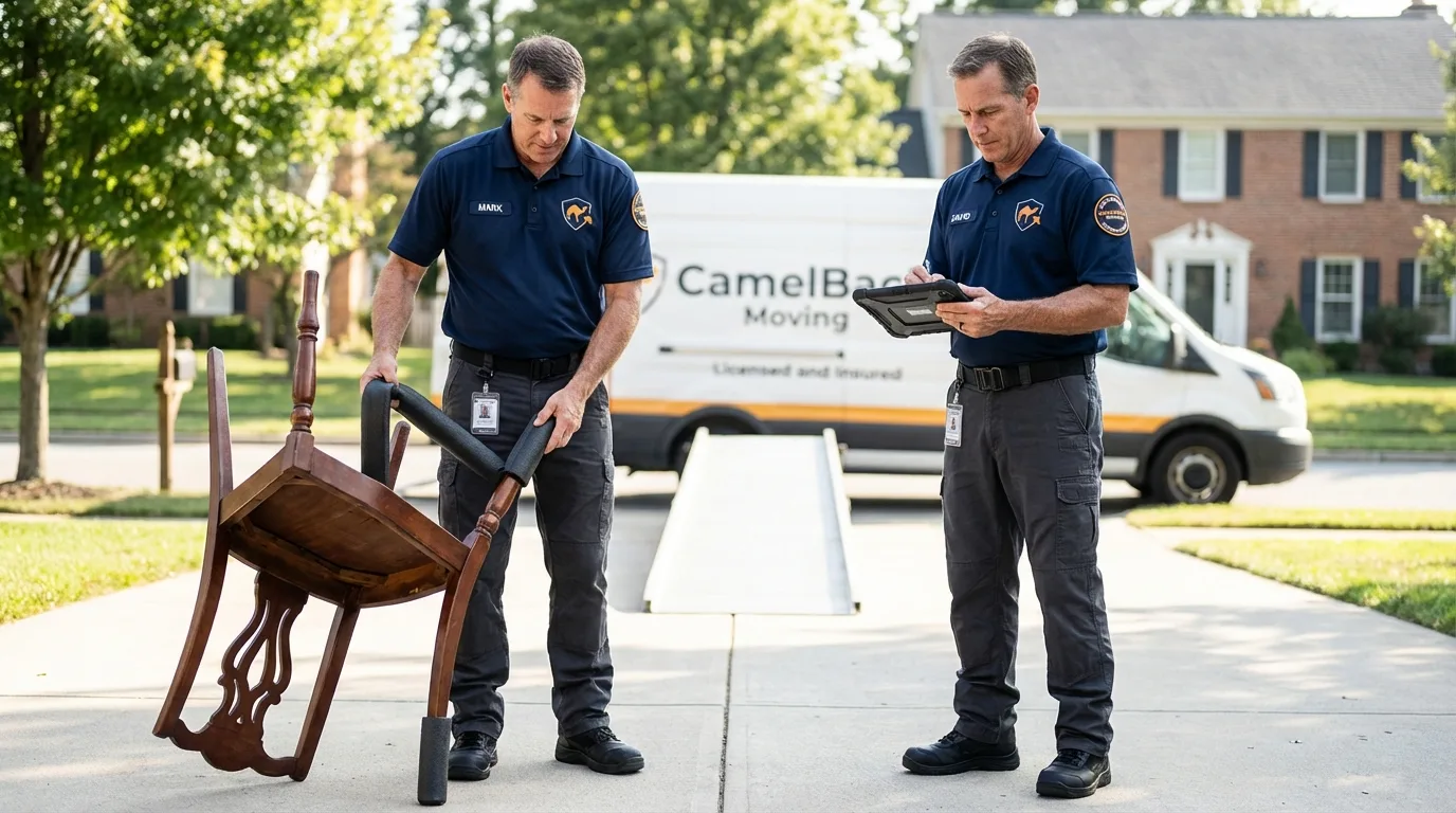 Movers inspecting furniture for damage prevention before loading in Fort Branch, IN