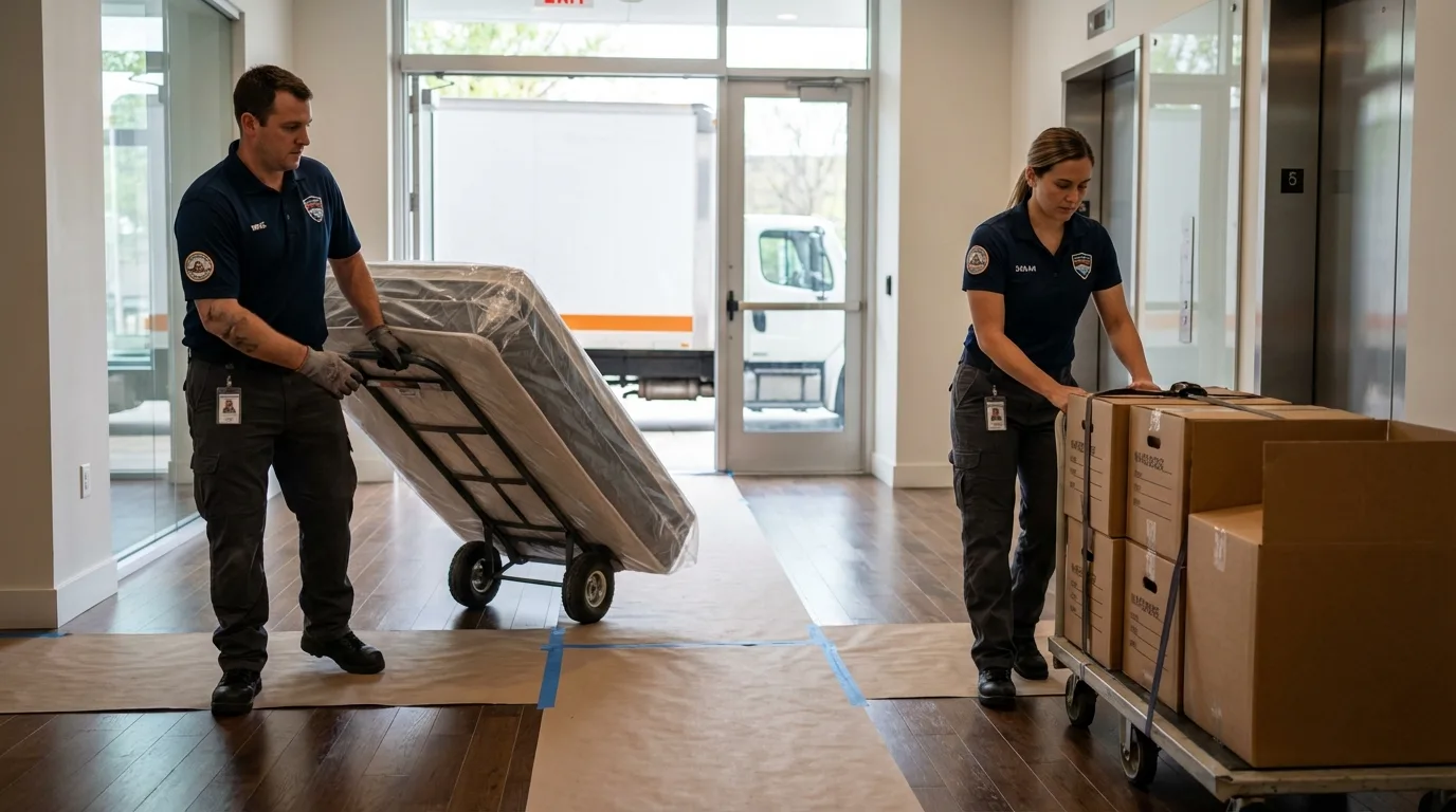 Professional apartment movers loading elevator in Fort Branch, IN