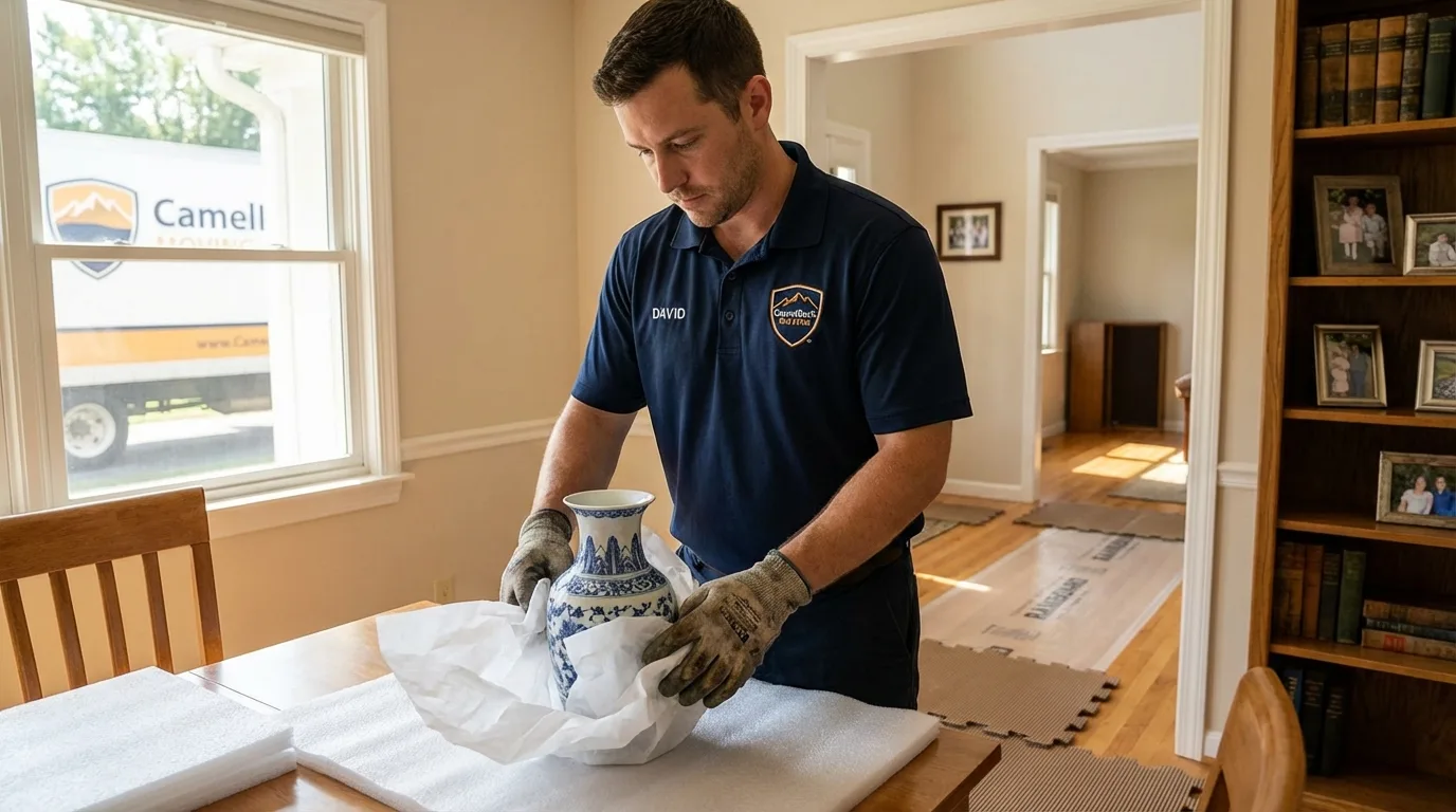 Professional crew carefully wrapping antique vase for senior downsizing move in Fort Branch, IN