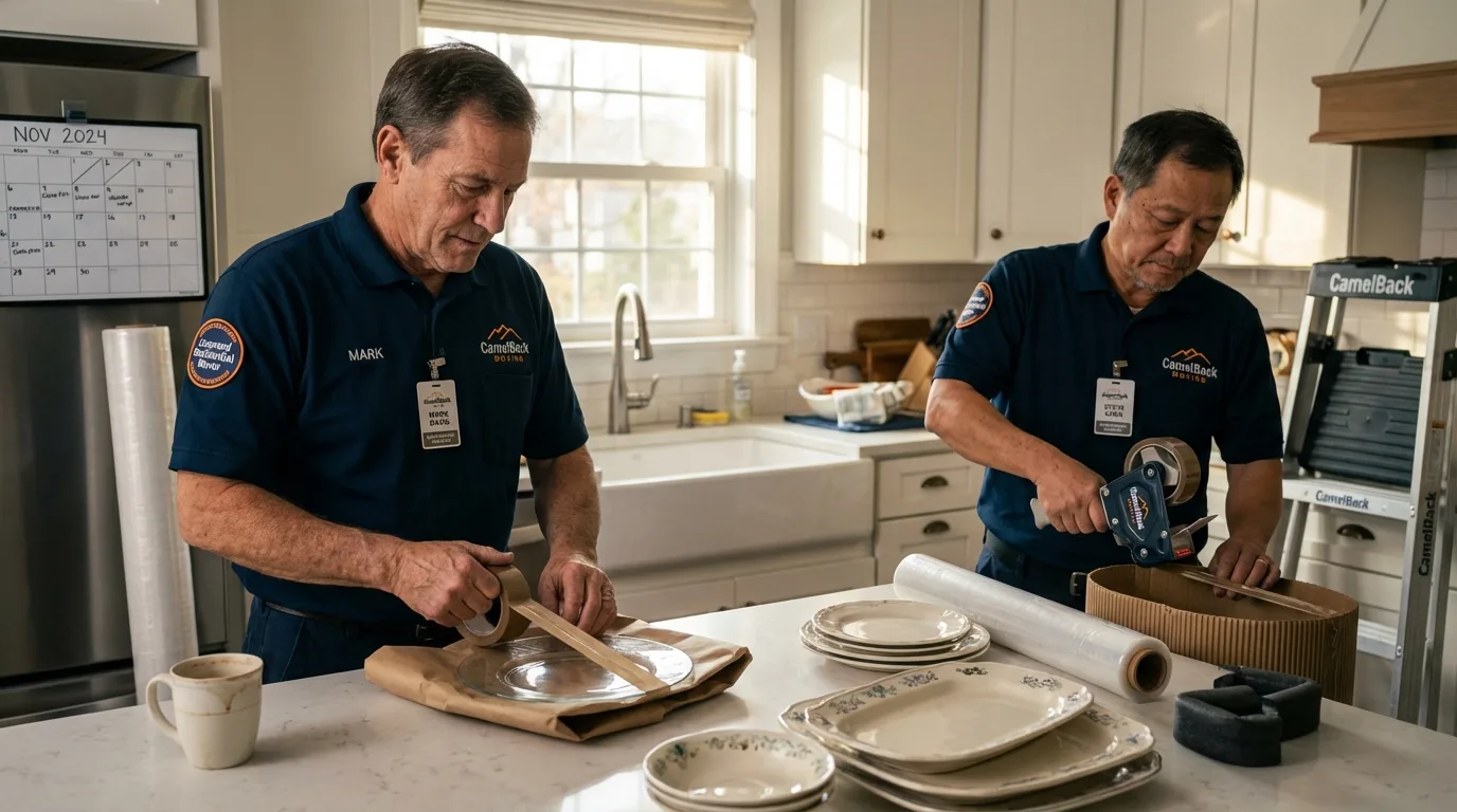 Professional crew packing kitchen dishware in Fort Branch, IN